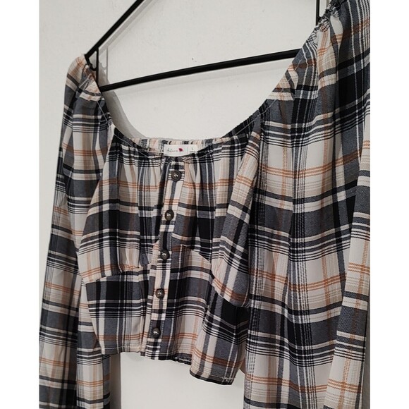 Active USA Womens Long Puff Sleeve Cropped Top Smocked Plaid Check Multicolor L - Picture 3 of 9